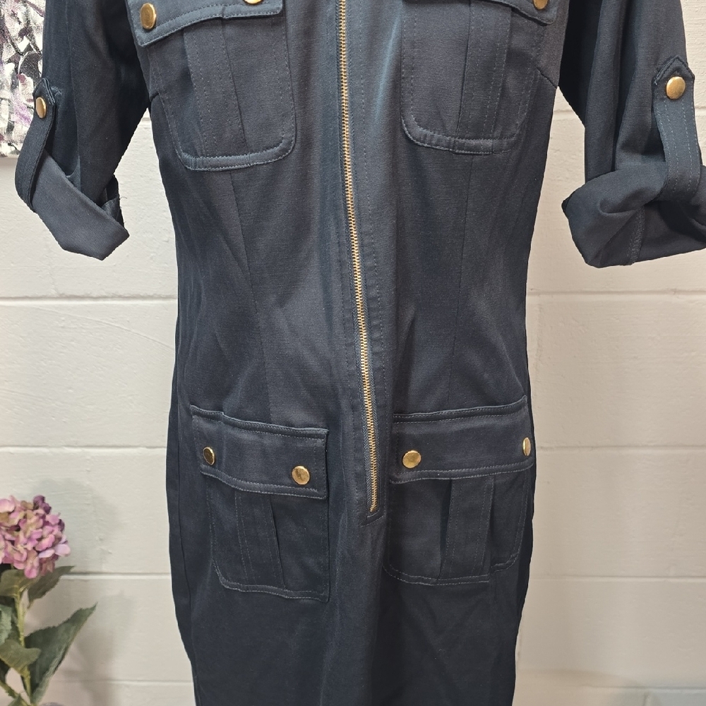 Sharagano Dark Blue Utility Dress with Gold Accents - Picture 3 of 9